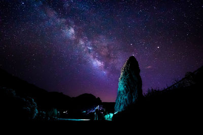 Silhouette mountain against sky at night