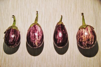 High angle view of eggplants arranged on table at home