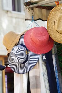 Close-up of hat hanging on store