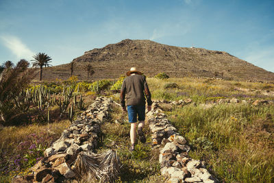 Rear view of woman standing on landscape