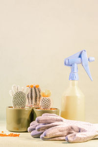 Close-up of bottles on table against wall