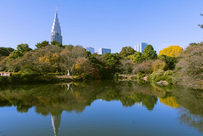 Reflection of trees and buildings in lake against clear blue sky