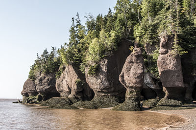 Rock formation in sea against clear sky