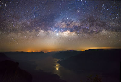 Scenic view of mountains against sky at night