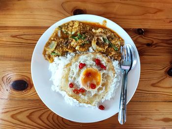 High angle view of breakfast served on table