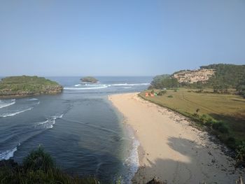 Scenic view of sea against clear blue sky