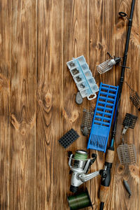 High angle view of objects on table