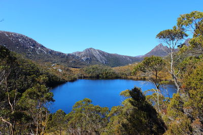 Scenic view of lake against blue sky