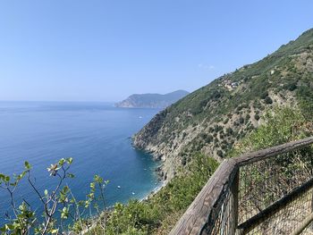 Scenic view of sea against clear blue sky