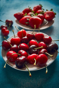 High angle view of strawberries in bowl on table