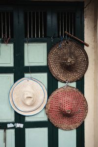 Close-up of clothes hanging on wall