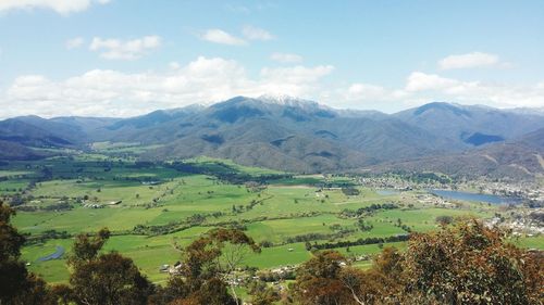 Scenic view of field and mountains against sky