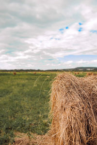 Hay bales on field against sky