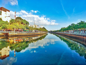 Scenic view of river by buildings against sky