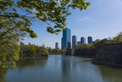 River by city buildings against sky