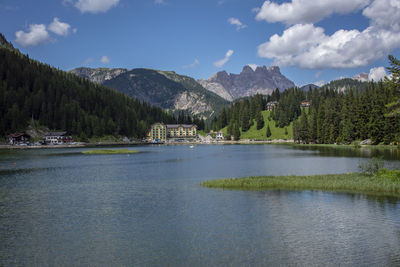 Scenic view of lake by trees against sky