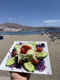 Close-up of fruits on table at beach against sky