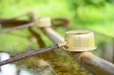 Close-up of water drops on metal railing