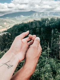 Cropped image of hand holding plant against mountain range