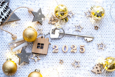 Directly above shot of christmas decorations on table