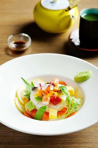 High angle view of meal served on table