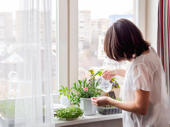 Woman is watering microgreens on windowsill. growing edible organic microgreen. gardening at home.