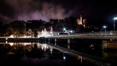 Bridge over canal in city at night