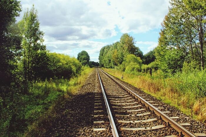 railroad track, the way forward, tree, rail transportation, sky, diminishing perspective, vanishing point, transportation, cloud - sky, growth, cloud, nature, day, tranquility, green color, cloudy, no people, outdoors, plant, railway track
