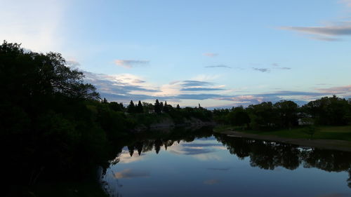 Reflection of trees on river against sky