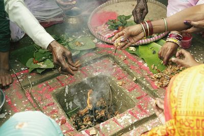 High angle view of people at temple