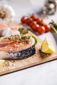 Close-up of fish served on table