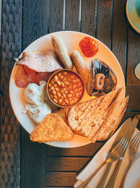 High angle view of breakfast on table