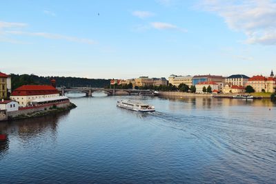 River by buildings in city against sky