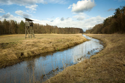 A small river flowing through the forest with a meadow, march view, uherka, poland