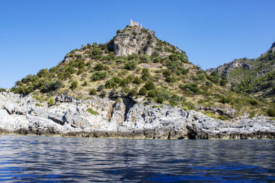 Scenic view of sea against clear blue sky