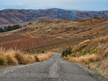 Scenic view of road by mountains against sky