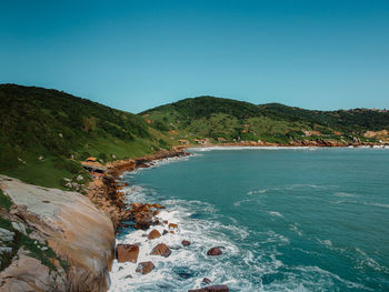 Scenic view of sea against clear blue sky