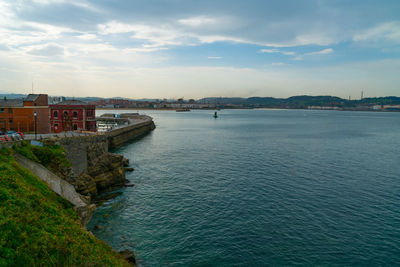 Scenic view of sea by buildings against sky