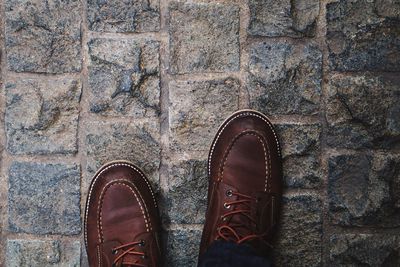 Low section of person standing on cobbled footpath