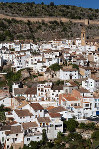 High angle view of buildings in town