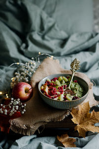 High angle view of fruits in bowl on table