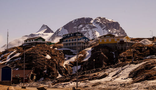 Panoramic view of houses and snowcapped mountains against clear sky