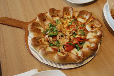 High angle view of pizza in bowl on table