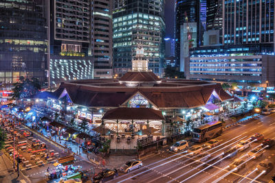 High angle view of illuminated city at night