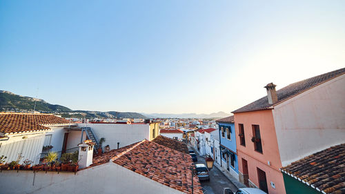 High angle view of buildings in city against clear sky