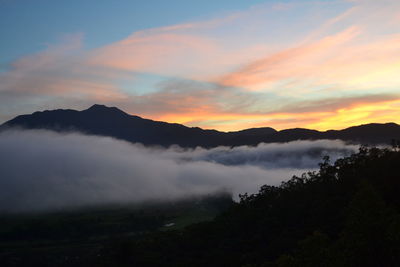 Scenic view of mountains against sky during sunset