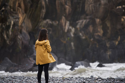 Rear view of woman standing on shore at beach