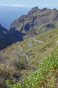 Scenic view of sea and mountains against sky