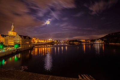 Reflection of illuminated buildings in river at night