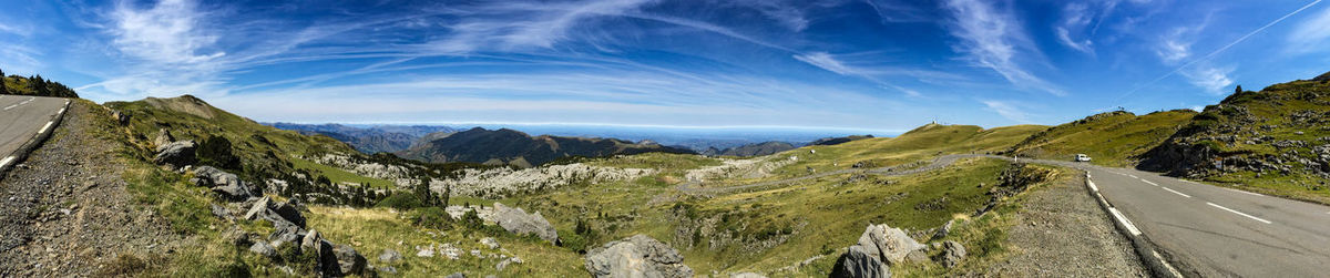 Panoramic view of road amidst mountains against sky
